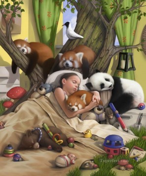 niña dormida y oso mono panda Pinturas al óleo